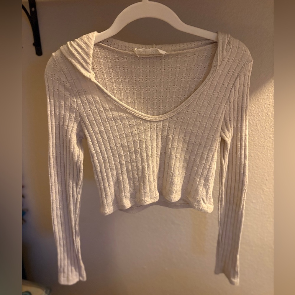 Women's Cropped Cream Ribbed Knit Top